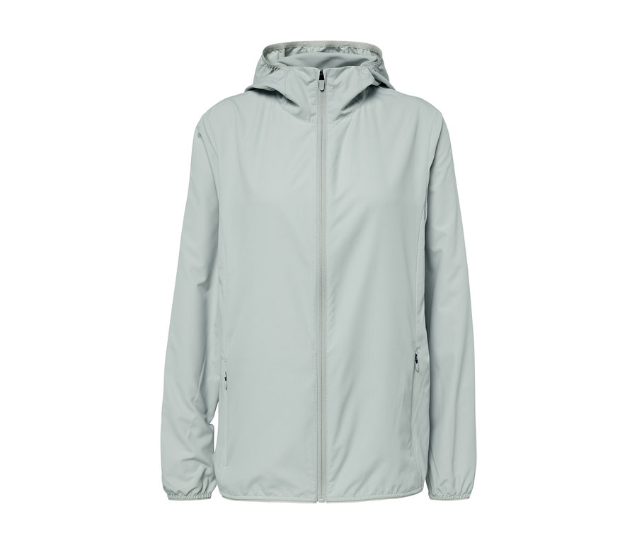 Graue, packbare Funktionsjacke mit Reißverschluss in der Mitte.