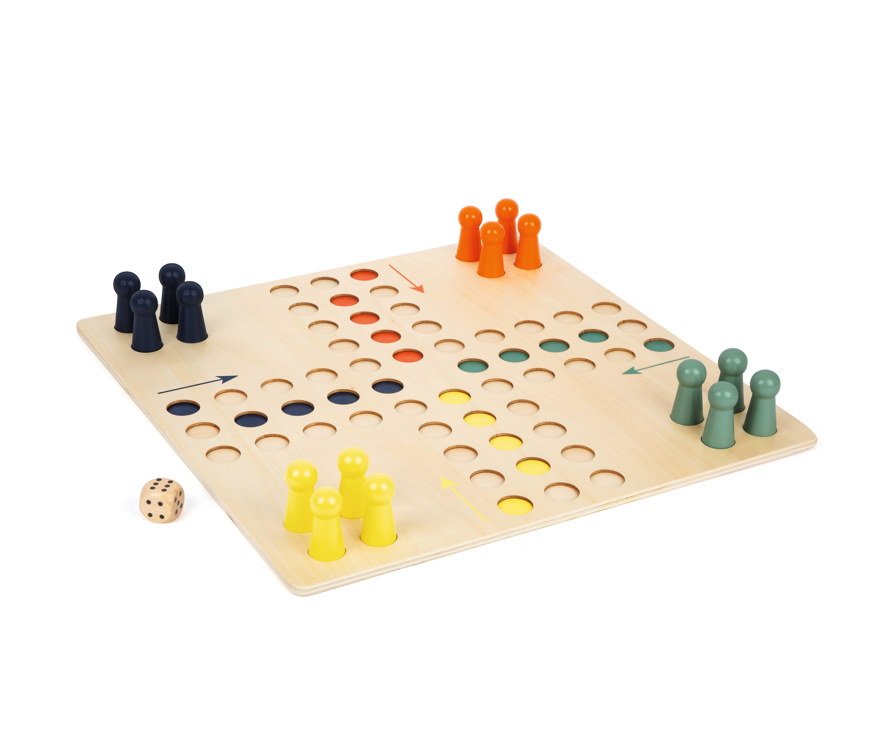 Ein hölzernes Brettspiel mit bunten Spielfiguren und einem Würfel.