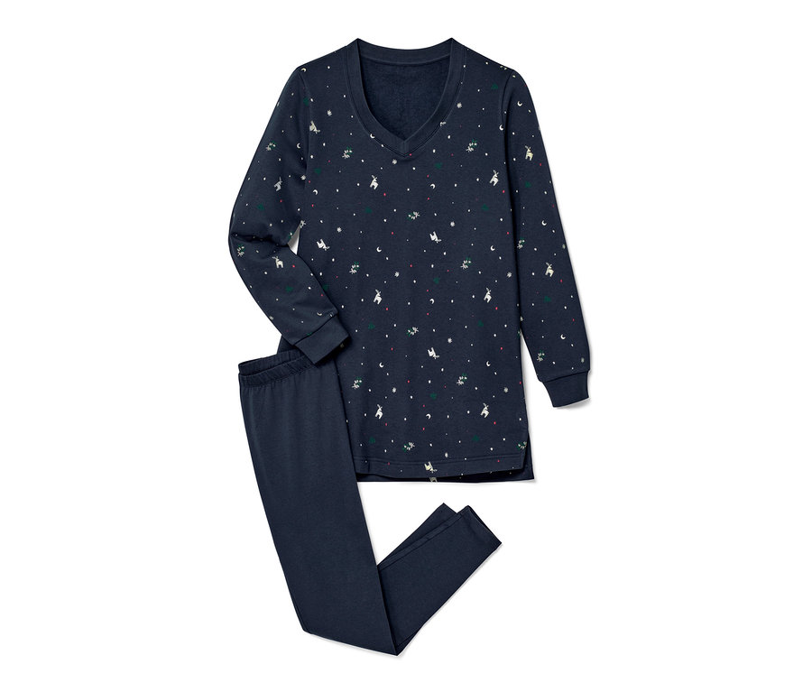 Marineblauer Leggings-Pyjama mit weihnachtlichem Aufdruck aus Rentieren, Sternen und Bäumen.