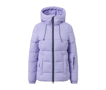 Eine helllila Ski-Steppjacke mit Kapuze.