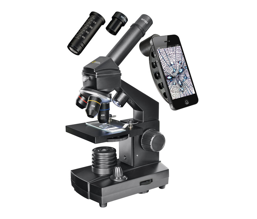 Detailaufnahme eines schwarzen Mikroskops mit Smartphone-Halterung, WF10X- und WF16X-Okularen und 10X- und 40X-Objektiven. NATIONAL GEOGRAPHIC 40x-1280x Mikroskop inkl. Smartphone Halterung