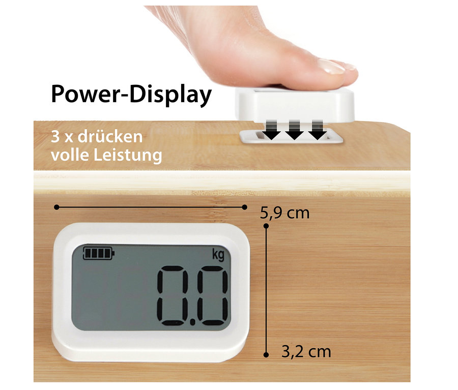 Finger berührt den Einschaltknopf der digitalen Bambus-Personenwaage von ADE.