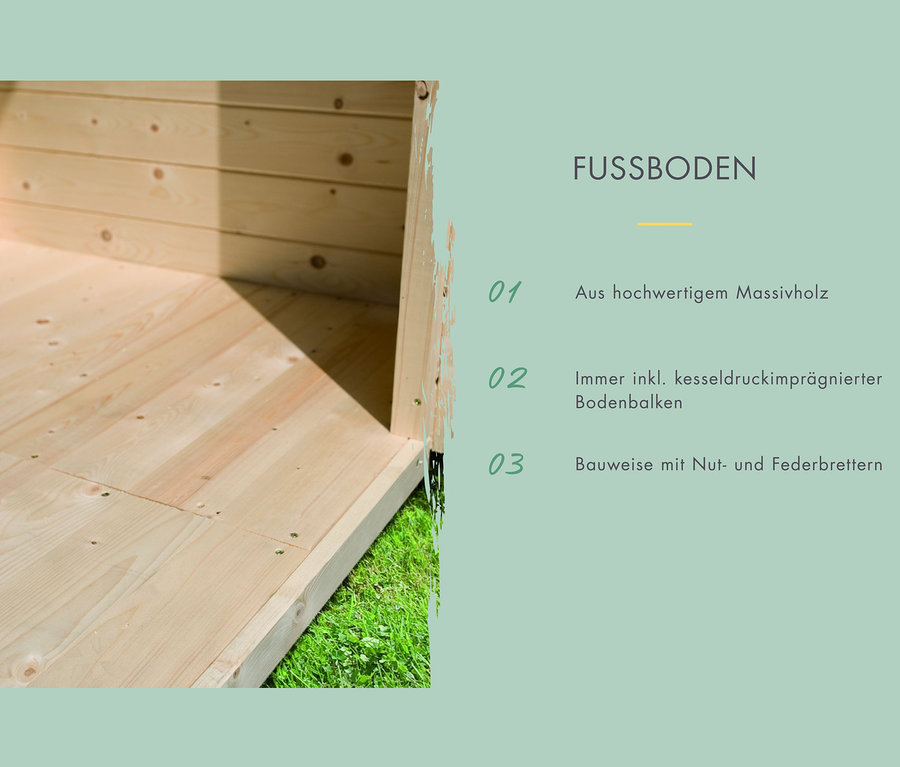 Boden der Karibu Fasssauna »Nadi 1« aus Massivholz.