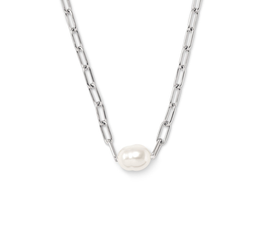 Silberfarbene Kette mit einer Perle in der Mitte.