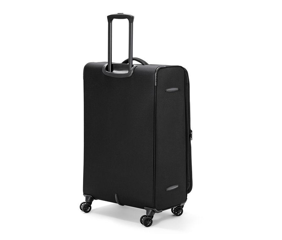 Ein großer, schwarzer Textilkoffer steht auf Rollen.