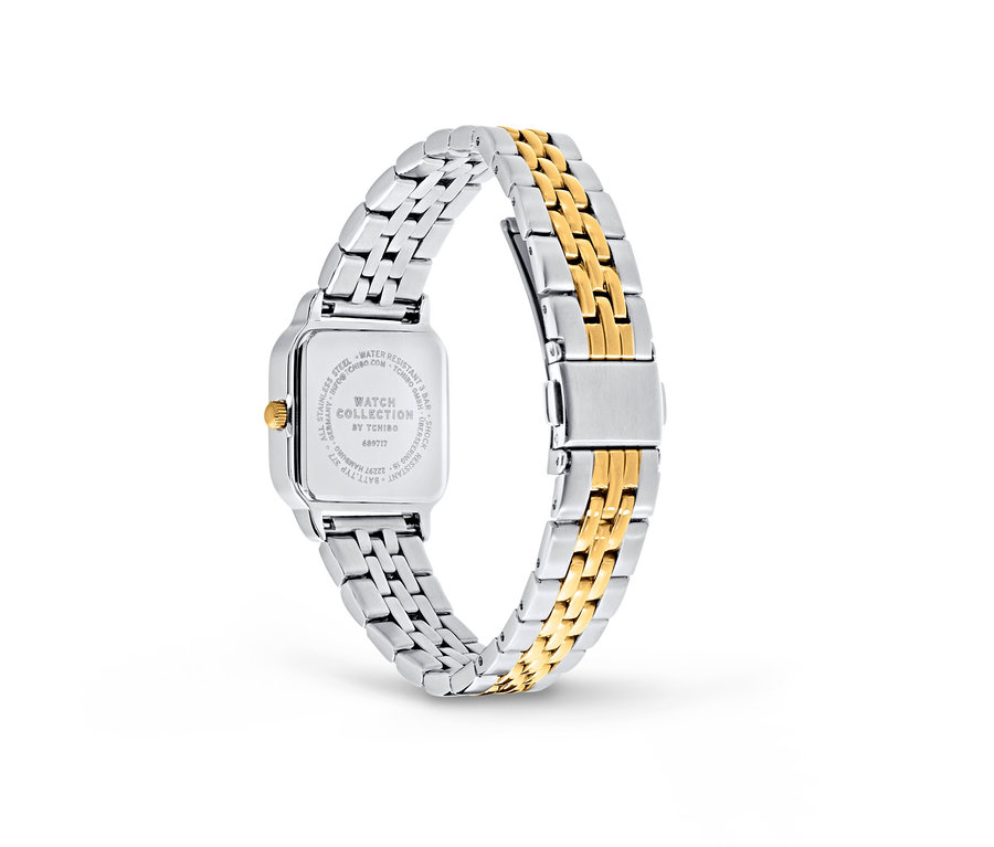 Detailansicht einer Bicolor-Edelstahl-Damenuhr.