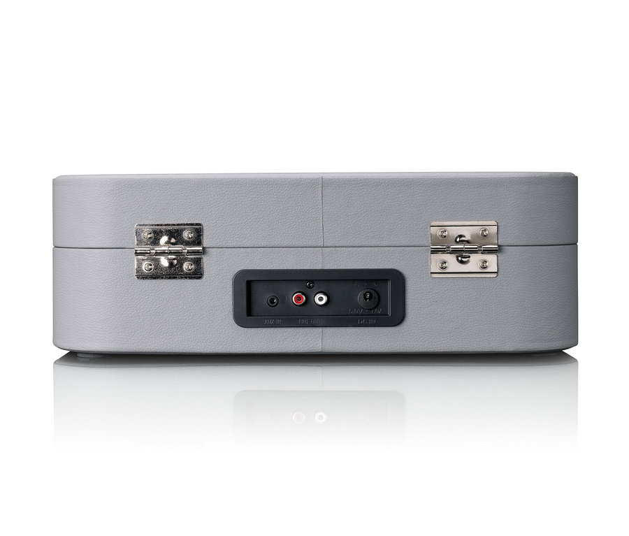 Detail der Rückseite des grauen Lenco TT-116 Plattenspielers.