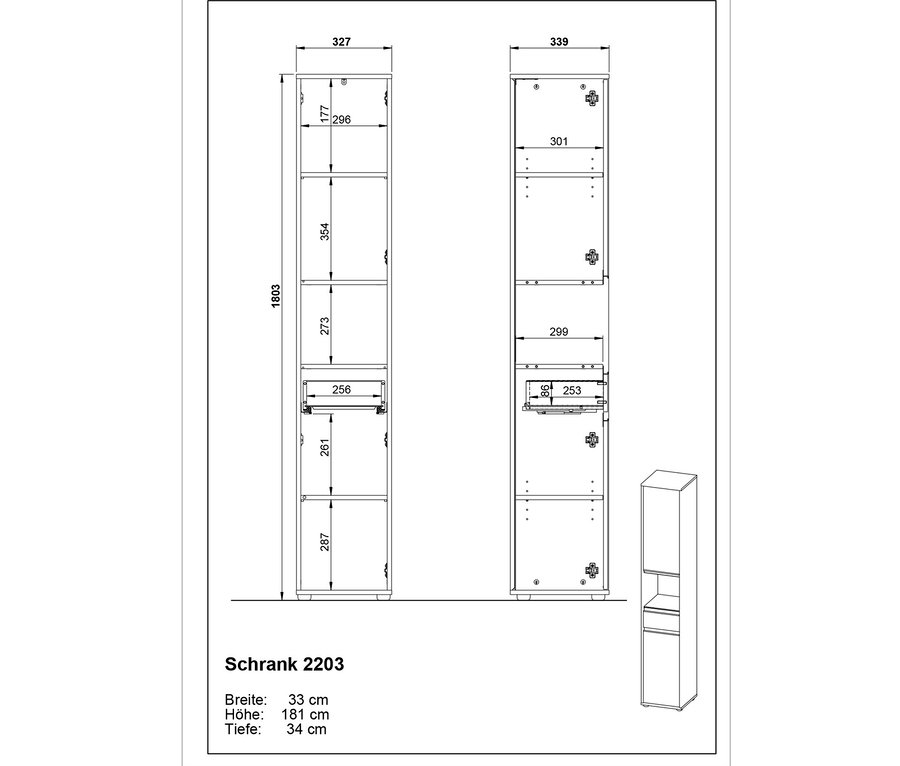 Zeichnung eines graphitfarbenen Hochschranks »Lemont« mit Abmessungen.