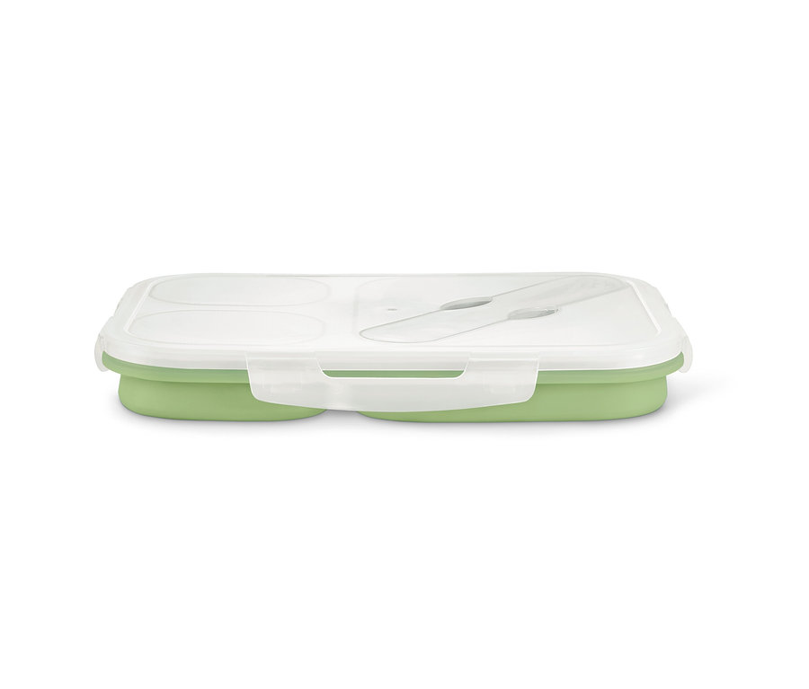 Eine geschlossene, faltbare Lunchbox mit transparentem Deckel und einem grünen Unterteil.