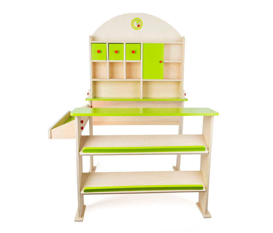 small foot Verkaufsstand Markttag aus Holz mit grünen Elementen, Schubladen und Regalen.