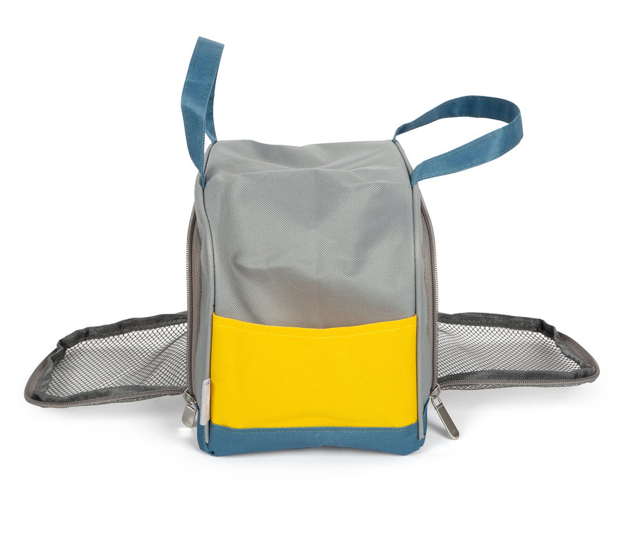 Grau-blaue Tasche mit gelber Tasche und blauen Griffen.