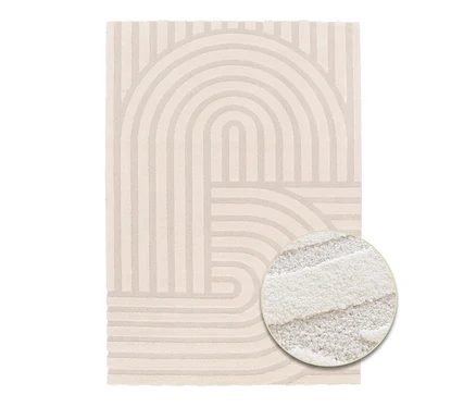 Beiger Teppich »Cosmo« mit geometrischem Muster aus Bögen und geraden Linien.