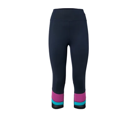 Dunkelblaue 3/4-Sporttight mit pinken und türkisen Streifen an den Beinenden.