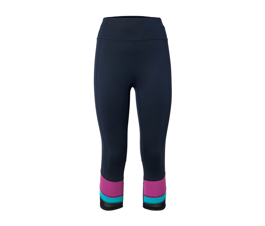 Dunkelblaue 3/4-Sporttight mit pinken und türkisen Streifen an den Beinenden.