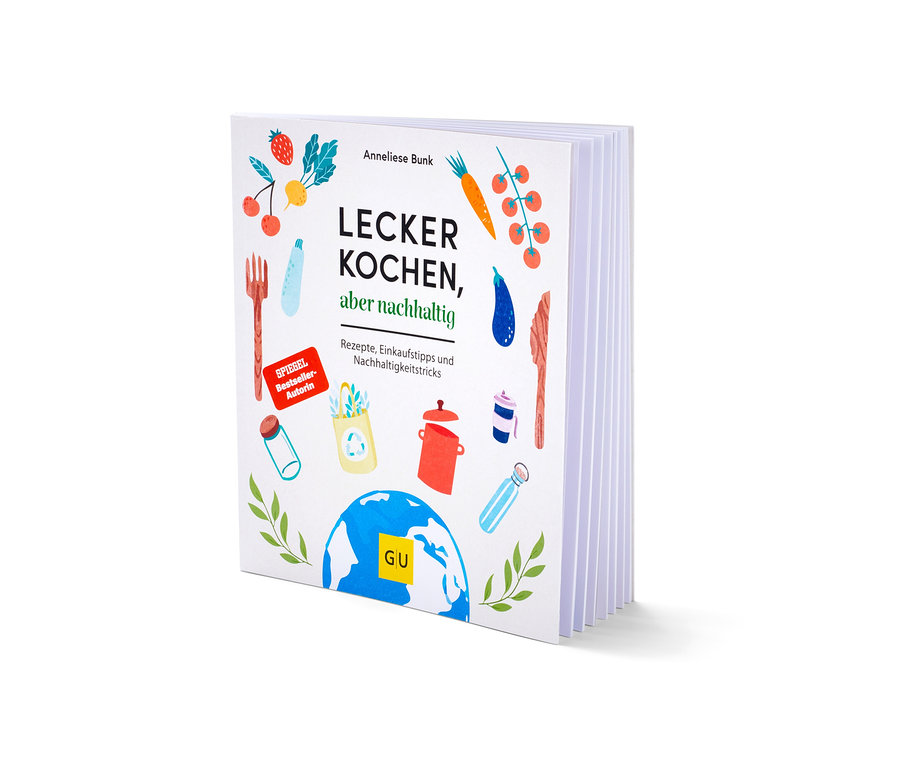 Nahaufnahme des Buches "Lecker kochen, aber nachhaltig".