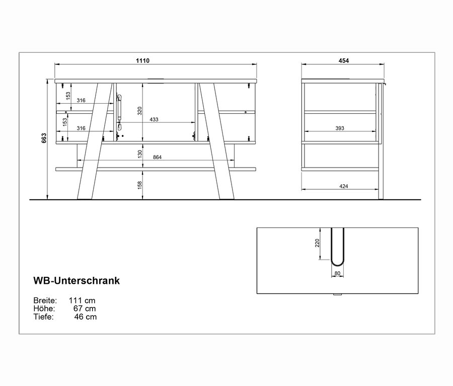 Zeichnung von Avellino Waschbeckenunterschrank mit Abmessungen.