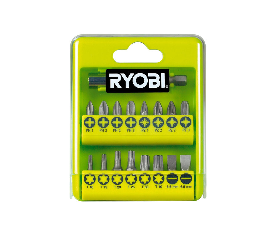 Ryobi Bit-Set in gelber Verpackung. Die Bits sind in zwei Reihen angeordnet und haben verschiedene Formen und Größen. Sichtbar sind verschiedene Bits aus dem Ryobi 18 V One+ Kompakt-Akku-Bohrschrauber »R18DD3-225S«