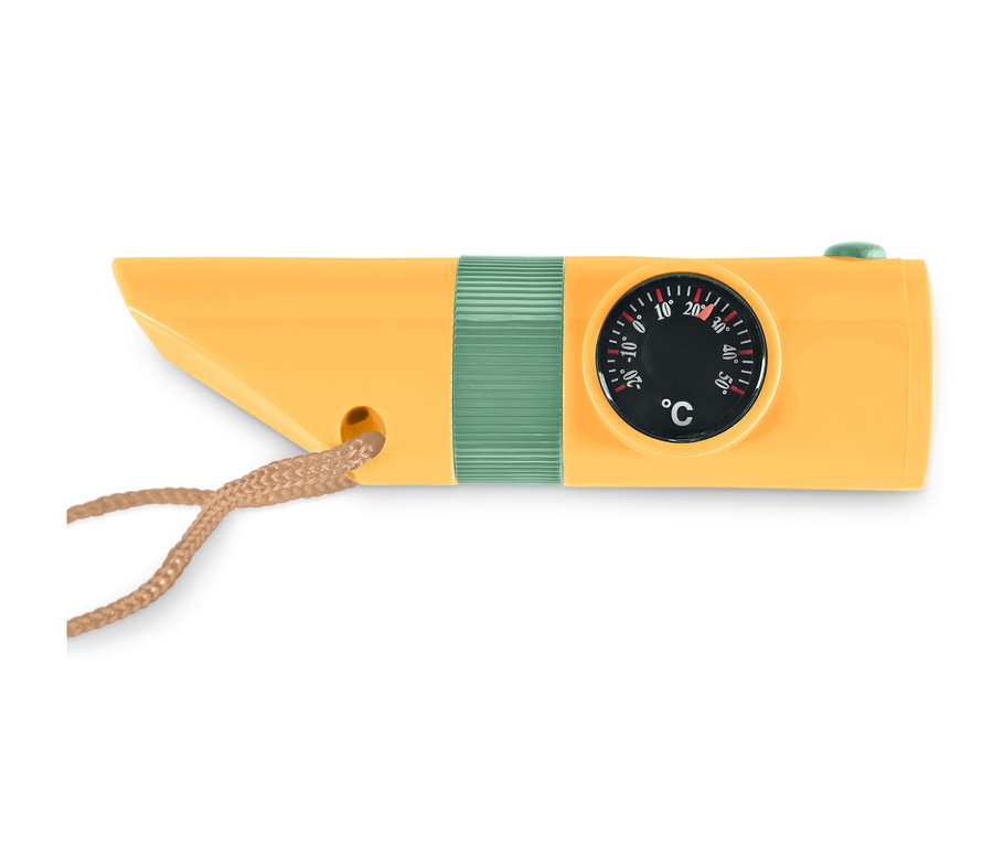 Gelbes, kompaktes 7-in-1-Outdoor-Tool mit Kordel und Thermometer auf weißem Hintergrund.