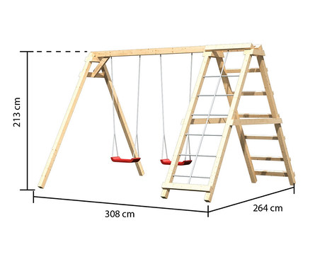 Karibu Doppelschaukel »Felix« mit Klettergerüst und Netzrampe.