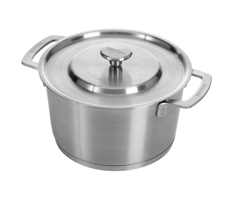 Ein COMBEKK Edelstahl-Kochtopf-Set mit Deckel.