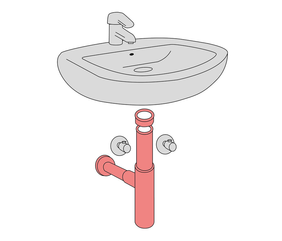 Zeichnung eines Waschbeckens mit einem roten Kirchhoff Design-Flaschen-Siphon.