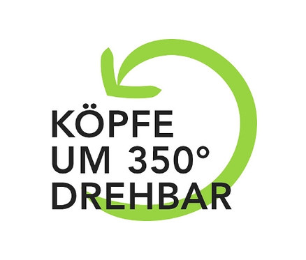Grüner Pfeil im Kreis über dem Text "KÖPFE UM 350° DREHBAR".