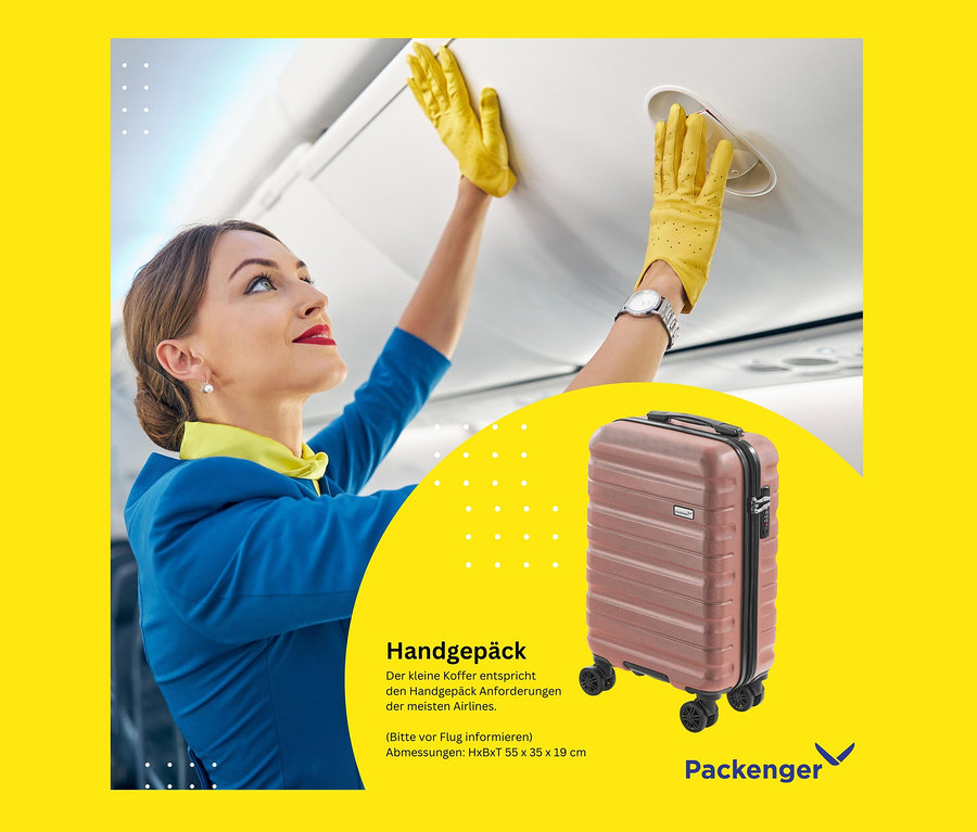 Eine Flugbegleiterin verstaut einen mauvefarbenen Packenger Jörn Hartschalenkoffer aus einem 3er-Set im Gepäckfach eines Flugzeugs.