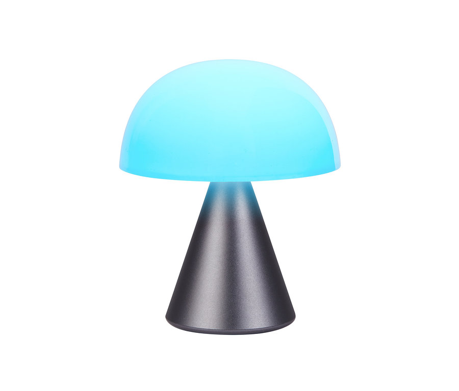 Anthrazitfarbene LEXON LED-Akku-Tischleuchte »Mina M« mit blauem Licht.