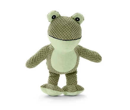 Ein Hunde-Plüschspielzeug »Frosch« steht vor einem weißen Hintergrund.