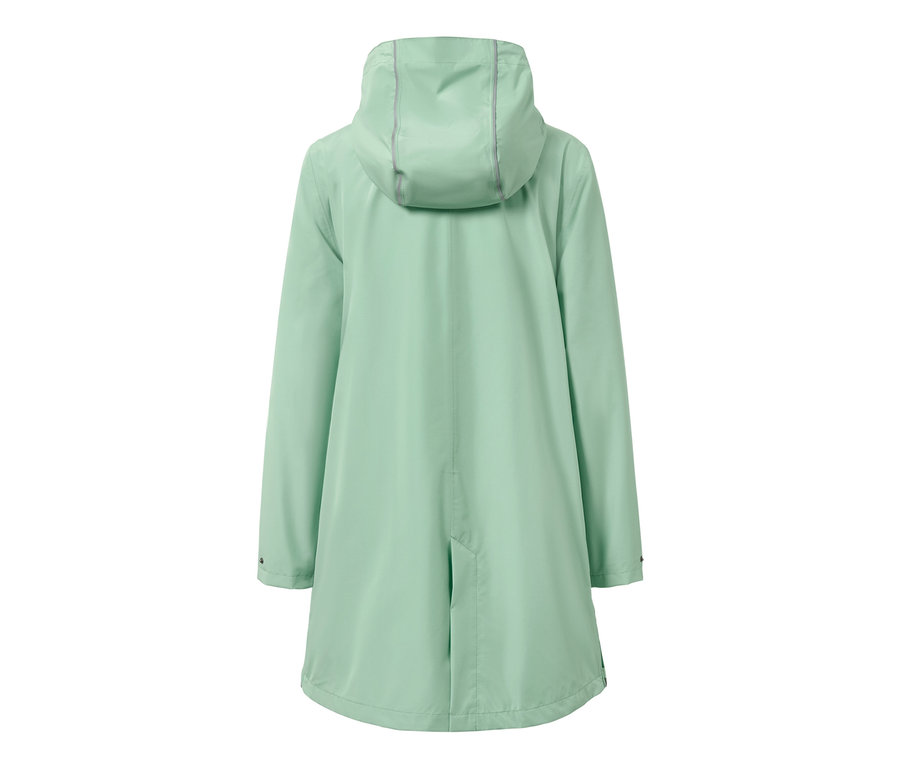 Rückansicht eines mintfarbenen Regenmantels mit Kapuze.