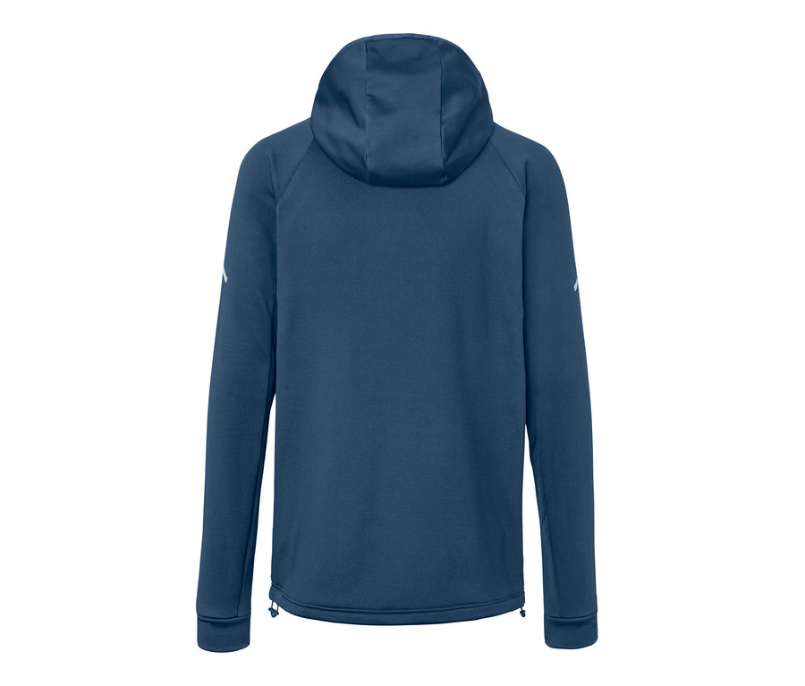 Dunkelblaue Thermojacke mit Kapuze von hinten.