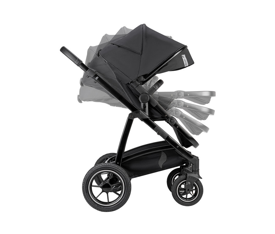 Ein schwarzer Osann Kombi-Kinderwagen »Olé Re.Label« wird in verschiedenen Positionen gezeigt.