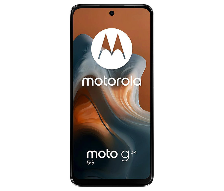 Schwarzes Motorola moto g34 5G 128GB Smartphone mit Motorola-Logo auf dem Display.