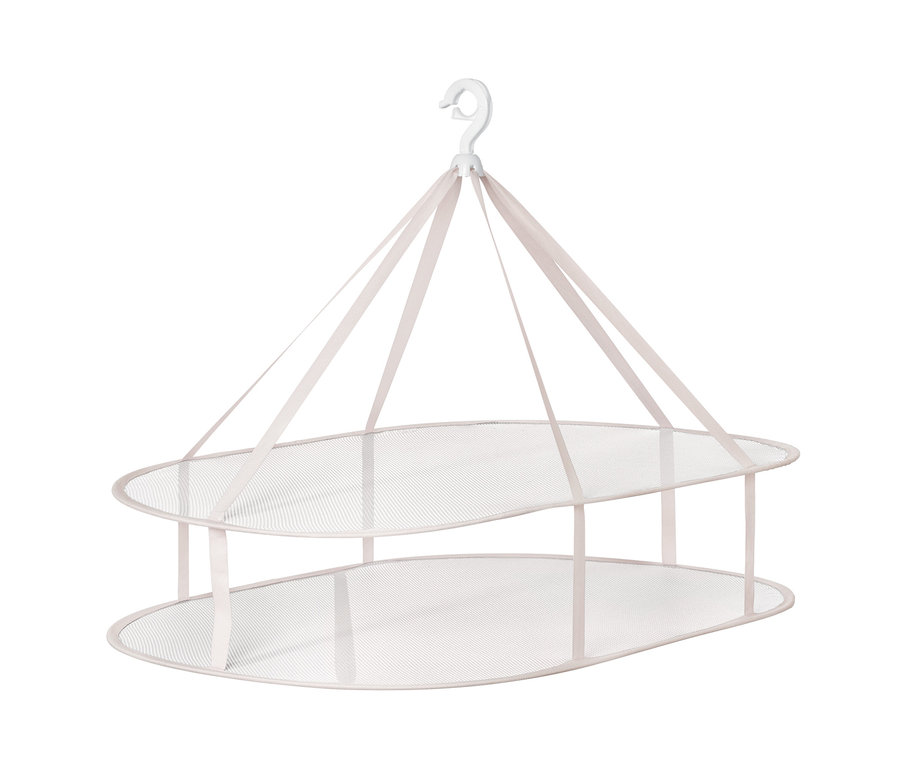 Ein Hängetrockner mit zwei Netzebenen und einem weißen Haken.