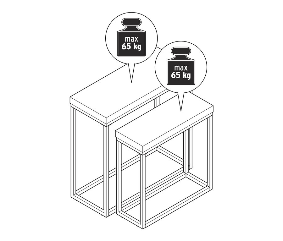 Eine Zeichnung eines Konsolentisch-Sets mit Polyzement-Tischplatte und einer maximalen Traglast von 65 kg.