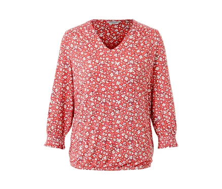 Korallefarbenes, bedrucktes Blusenshirt mit langen Ärmeln und V-Ausschnitt.