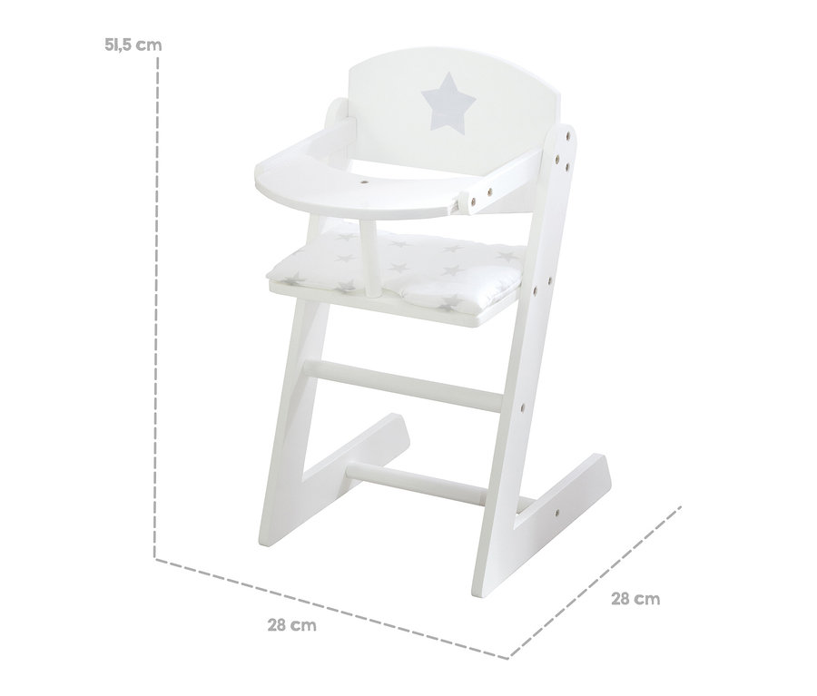 Weißer roba Puppenhochstuhl »Stella« mit grauem Stern auf der Rückenlehne und gepolstertem Sitzkissen mit Sternmuster.