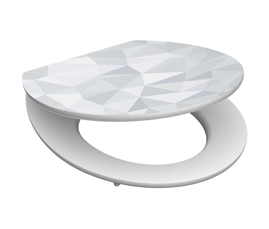 Detailansicht eines weißen MDF WC-Sitzes, High Gloss Geo.