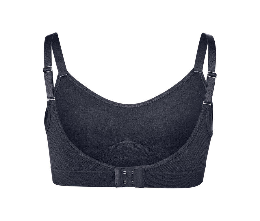 Detailansicht der Rückseite eines blauen Seamless-Sport-BHs.