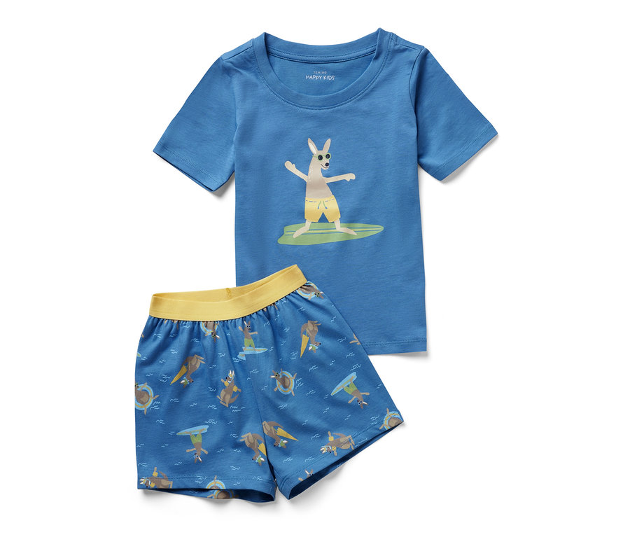 Blauer Kinder-Shorty-Schlafanzug mit Känguru-Print auf dem T-Shirt und Shorts mit Känguru-Motiv.