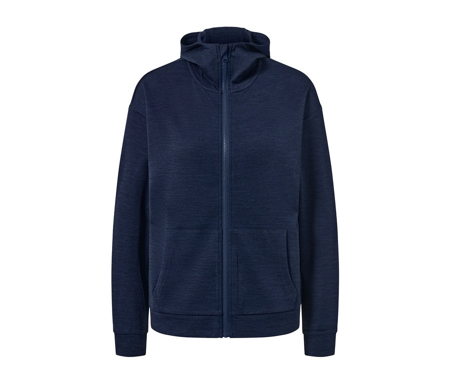 Dunkelblaue Kapuzenjacke mit RWS-lizenzierter Wolle mit Reißverschluss und Taschen.