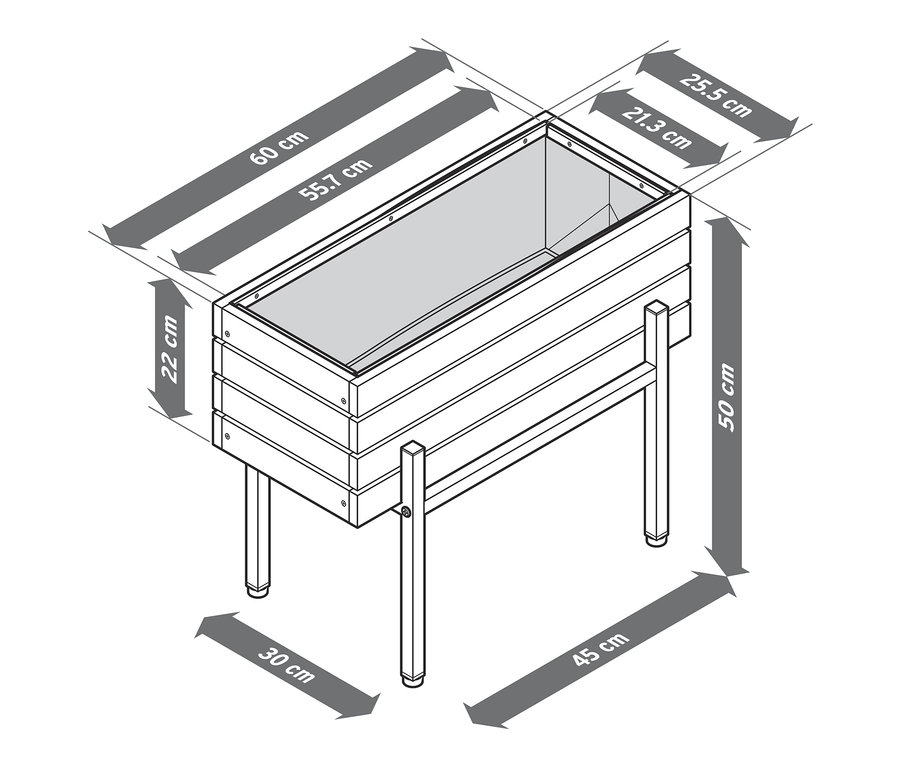 Skizze eines Elin Pflanzkastens mit Maßangaben.