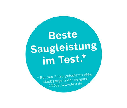 Blauer Kreis mit Text "Beste Saugleistung im Test".