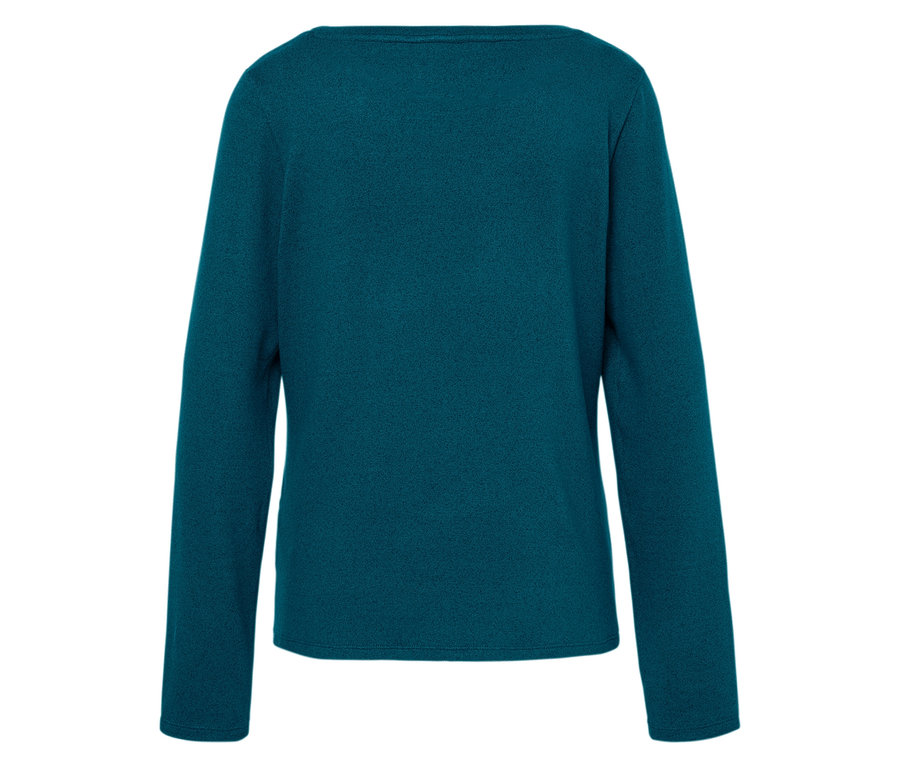 Dunkelblaugrüner Pullover mit langen Ärmeln, Rückansicht.