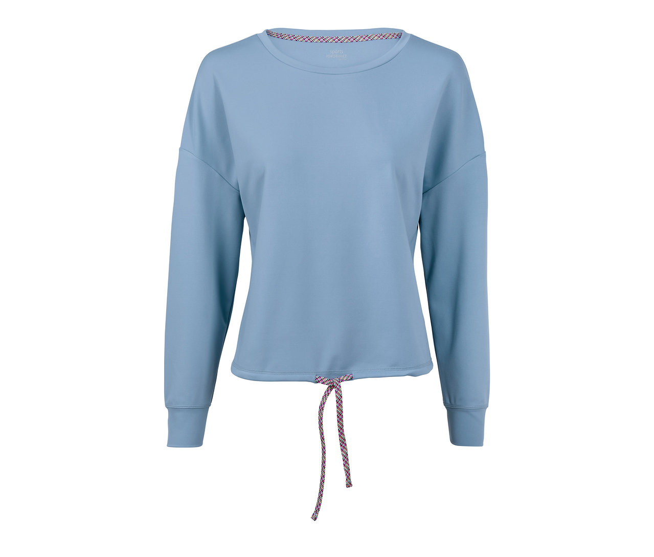 Ein hellblauer Sweater mit langen Ärmeln und einem Kordelzug in der Taille.