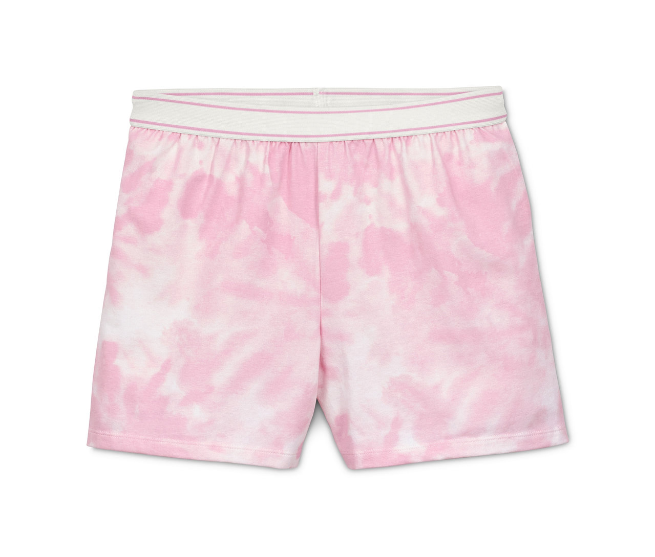 Eine kurze, rosa Pyjamahose aus Bio-Baumwolle mit Batikmuster und elastischem Bund.