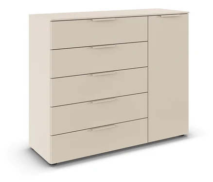 Beige Kommode mit fünf Schubladen und einer Tür.