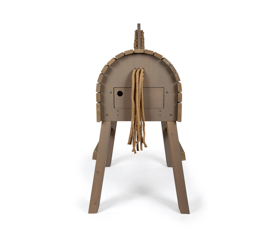 Detailansicht eines grauen small foot Holzpferdes mit Seilmähne und -schweif.