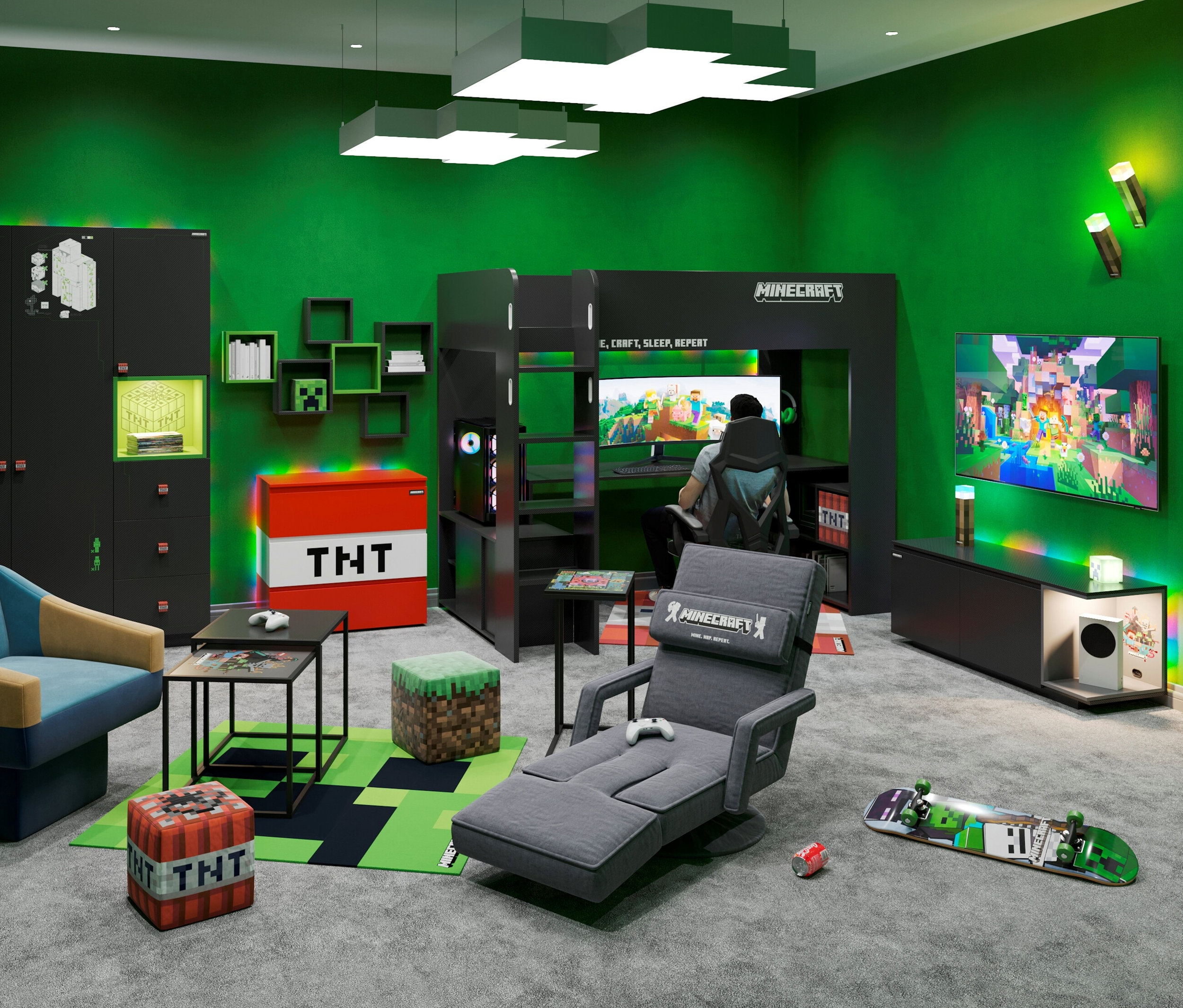 Ein Zimmer mit einem roba Minecraft Loungesessel mit Beinen und Armlehne und einem roba Minecraft Gaming-Bett mit Schreibtisch. Eine Person sitzt am Schreibtisch im Gaming-Bett.