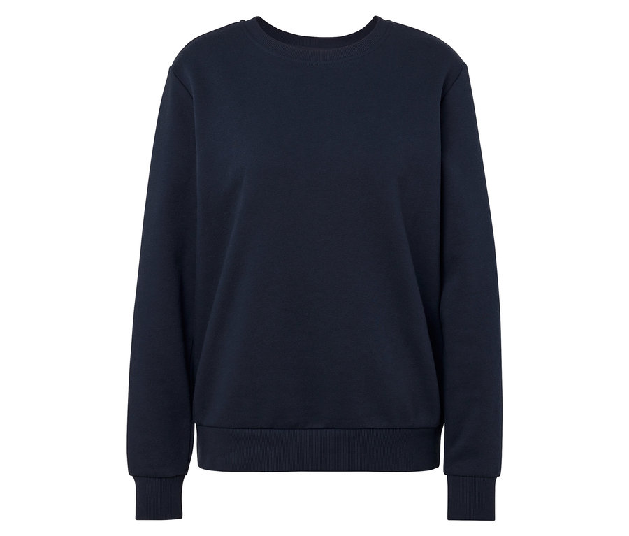 Marineblauer Pullover mit langen Ärmeln auf weißem Hintergrund.